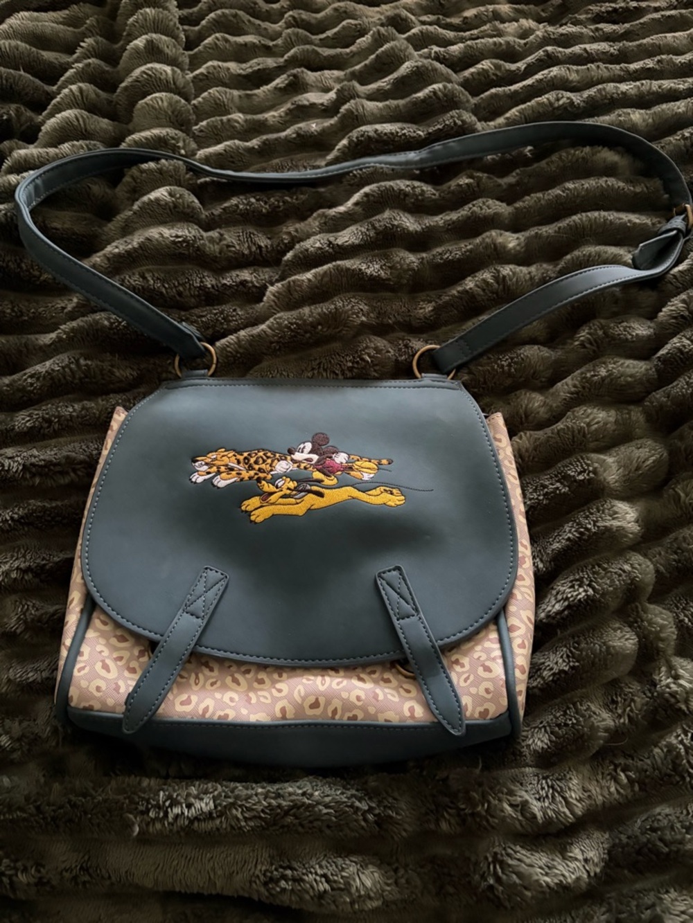 Loungefly Disney Cheetah-Print Crossbody with Disney Embroidery Mickey and Pluto